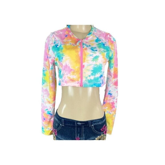 Swimsuit For All L Pastel Zip Front Open Back Lined Long Sleeve Crop Rash Guard - Picture 2 of 6